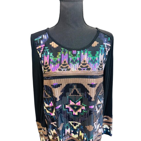 Mon Ami Blk Multicolor Sequin Geo Tunic Jersey Dress L/S M Evening Wear Cocktail - Picture 3 of 8
